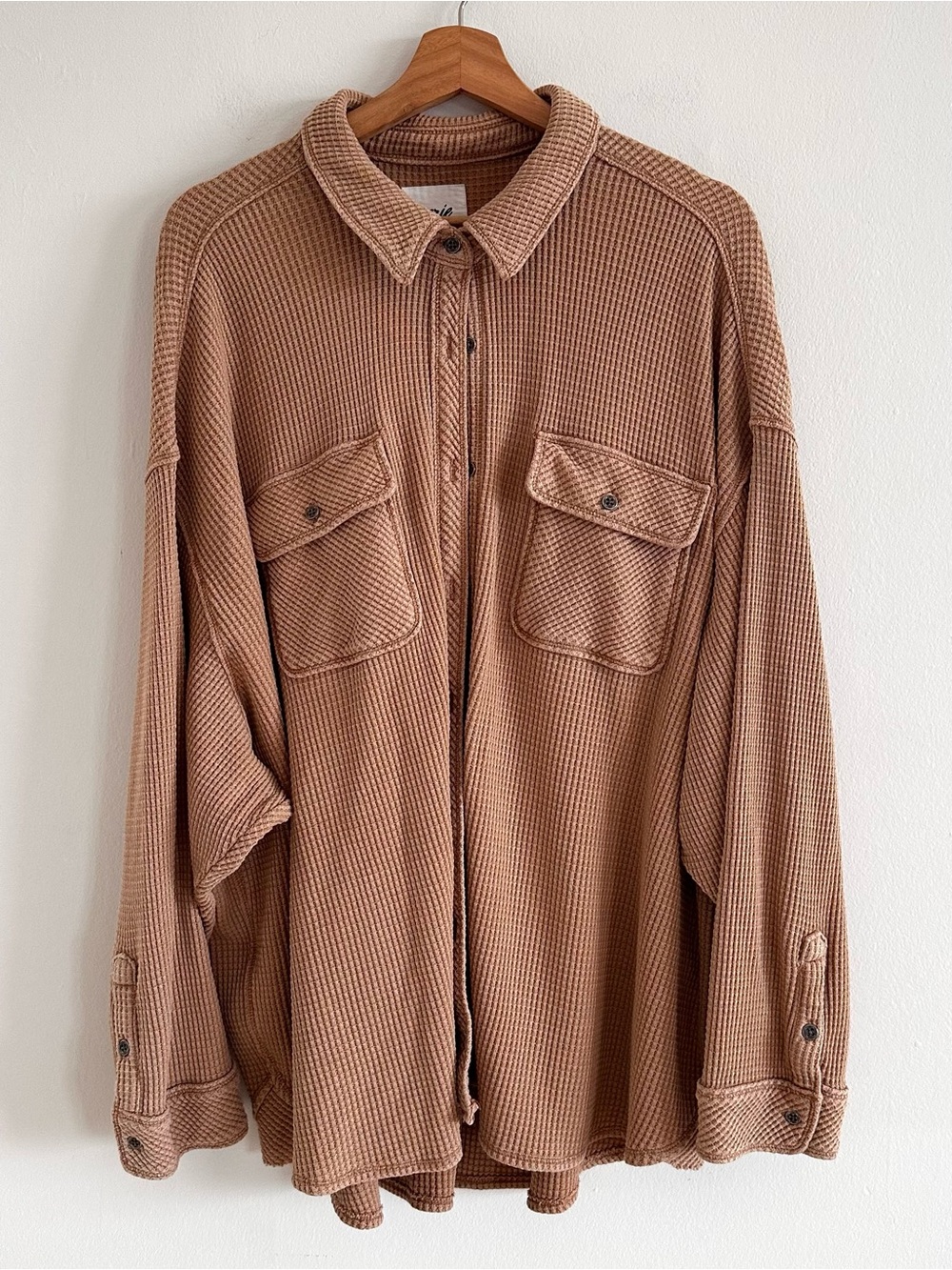 Aerie Lumber Jane Waffle Knit oversized shirt jacket shacket tan light brown XL